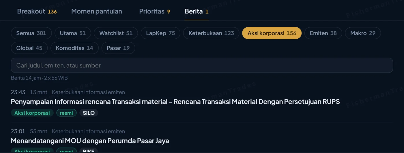 Tab Berita dengan filter Aksi korporasi