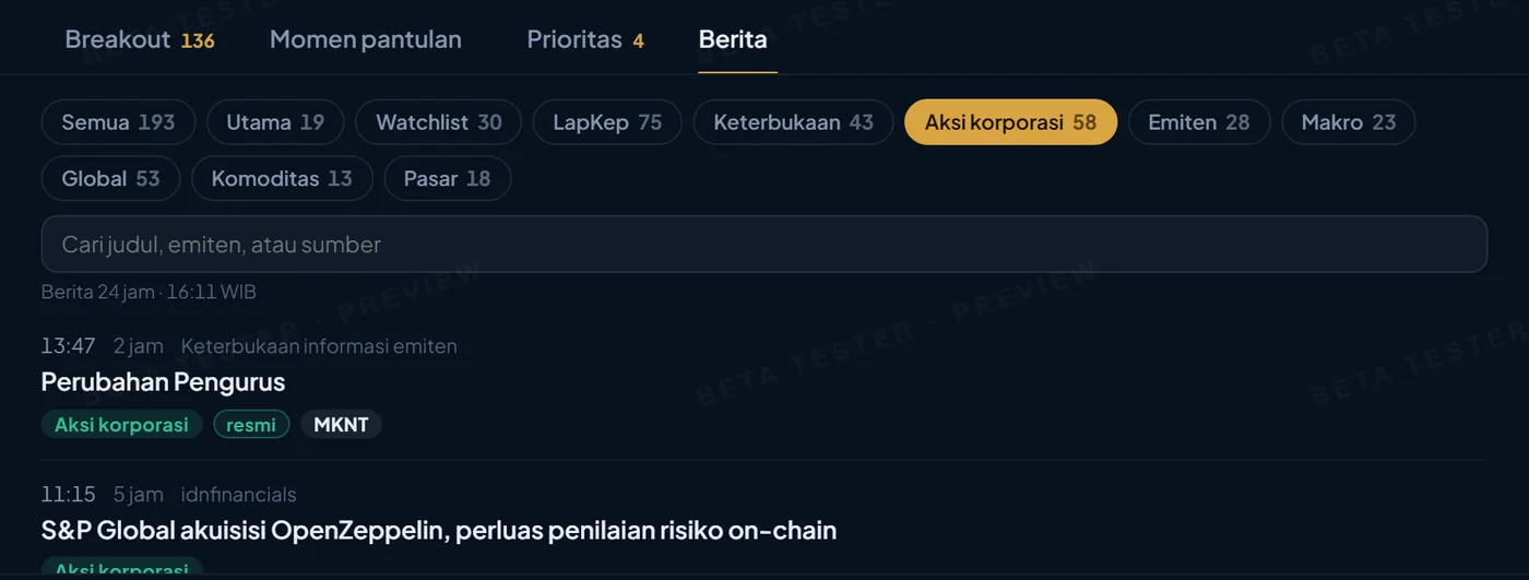 Tab Berita sesi 18 Sep 2026 dengan filter Aksi korporasi