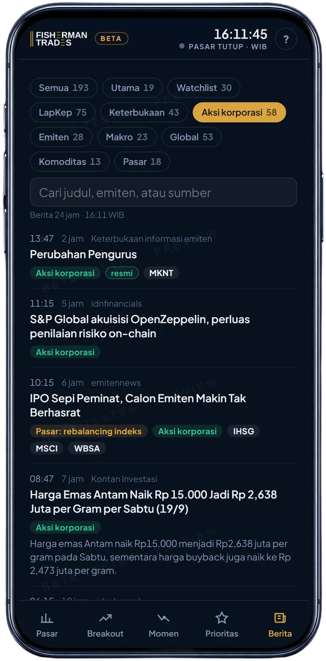 Tab Berita di HP, sesi 18 Sep 2026, dengan filter Aksi korporasi: keterbukaan resmi emiten